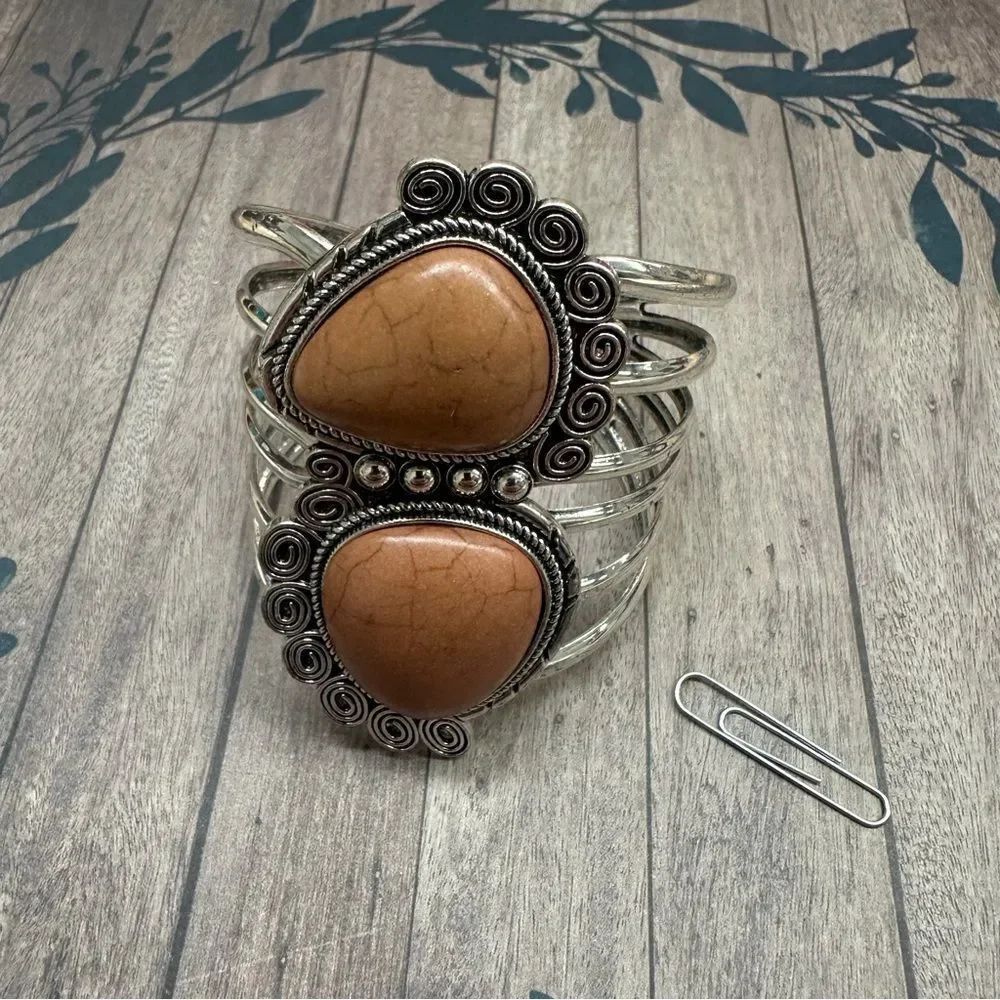 Silver Large Brown Howlite Hinged Bracelet B8 Western Rodeo Cowgirl
